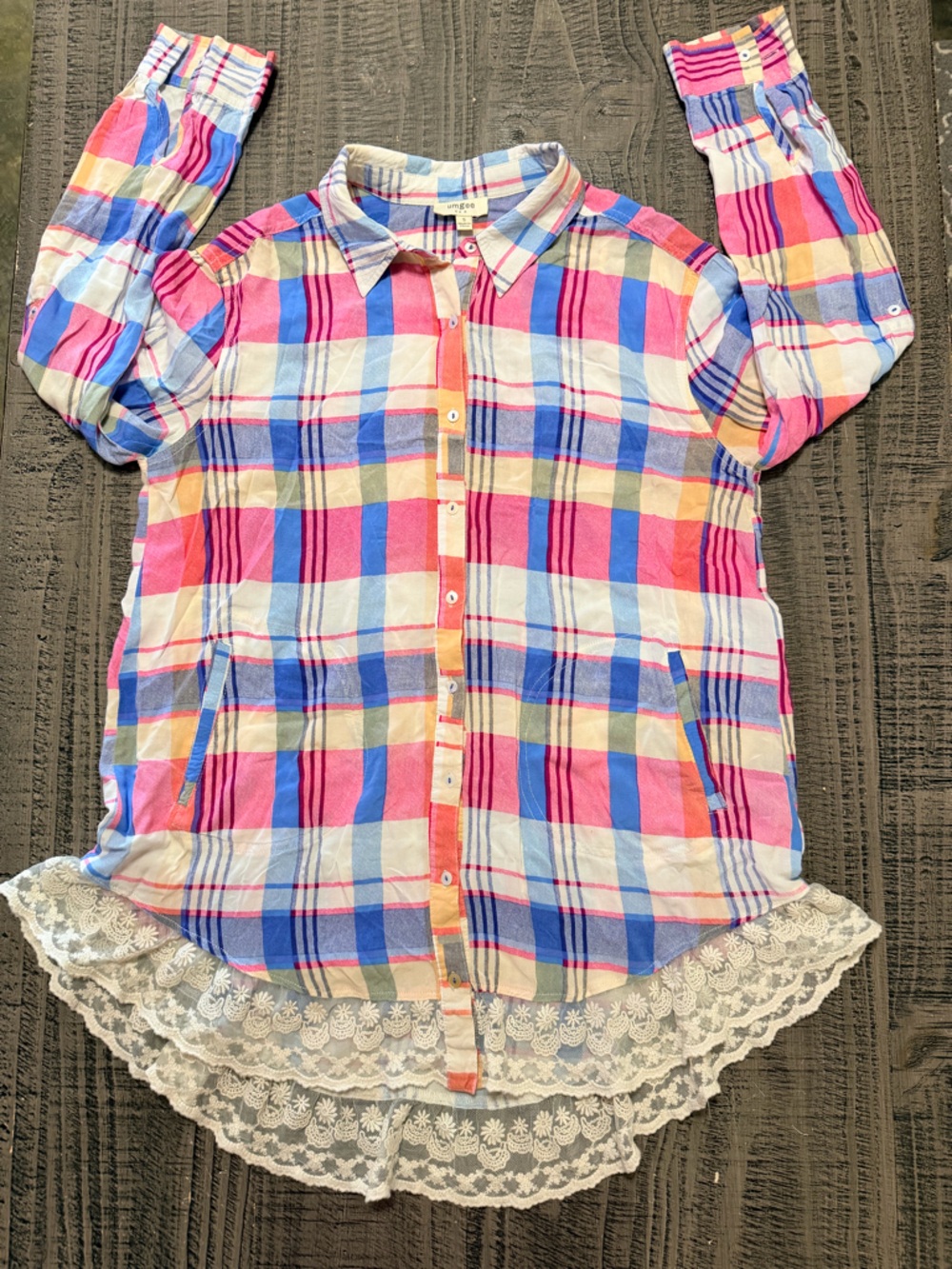 Umgee Pink Blue Plaid Button-Up Shirt with Pockets &  Laced Bottom